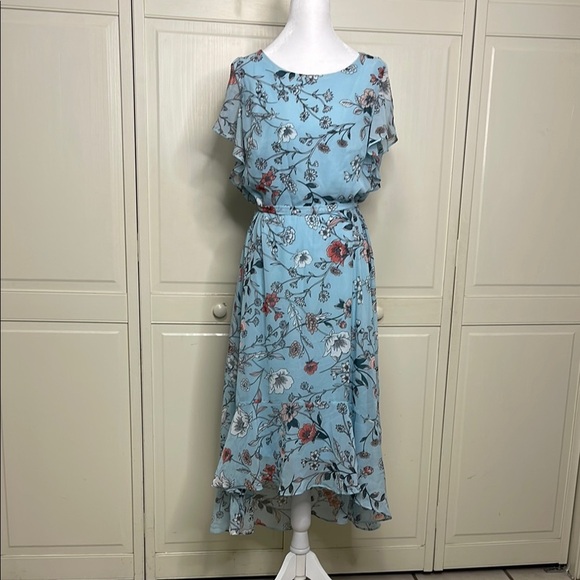 Roz & Ali Women’s Blue Floral High Low Flutter Self Tie Summer Dress Sz 14 - Picture 1 of 12